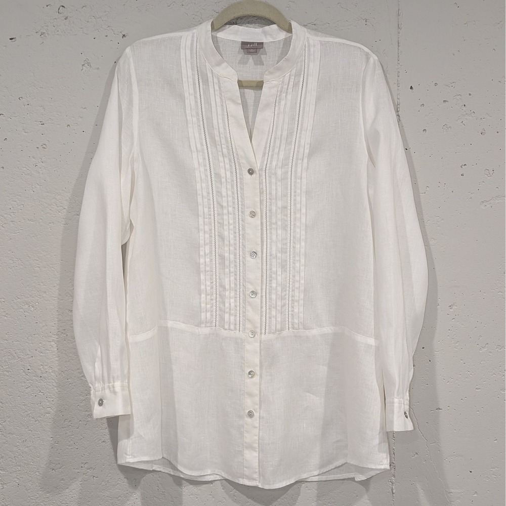 J Jill Linen Pintuck Tunic Button Front Shirt Size M White Coastal Breezy Staple